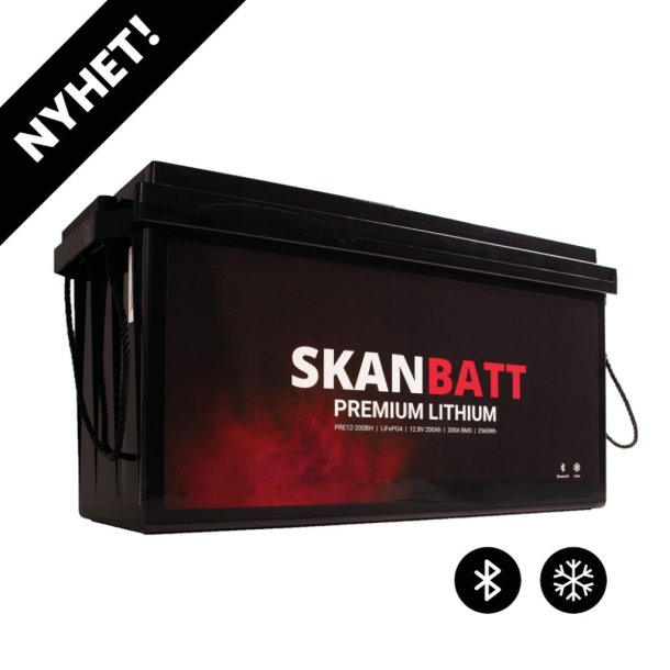 SKANBATT Premium Lithium - 12V 200Ah 200A BMS - 502x187x242mm - Bluetooth - Heat - 8 �rs garanti
